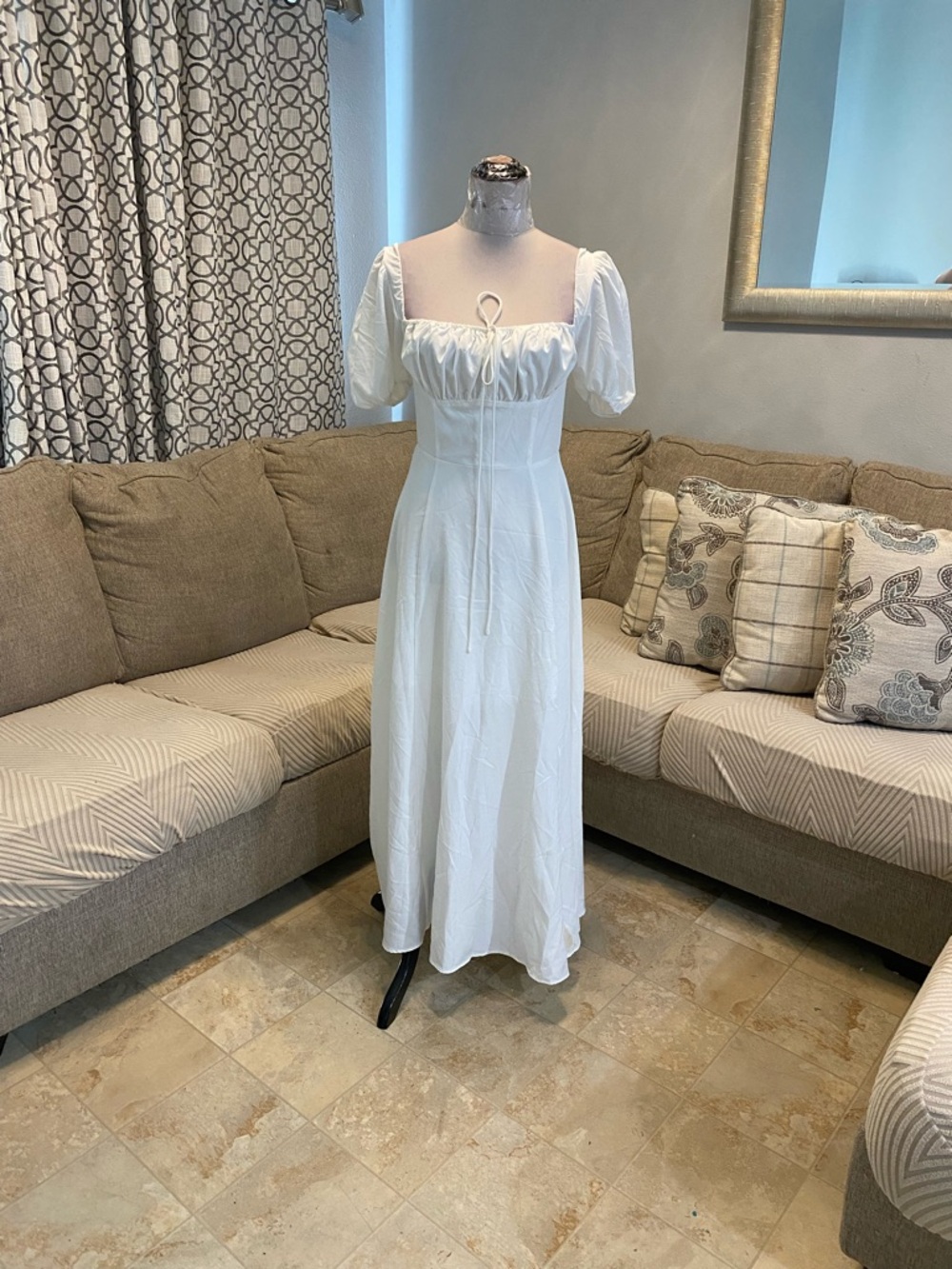 White cottagecore maxi dress Women Small short puff sleeves with heart strings